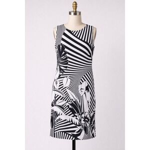Cache Black White Striped Floral Sheath Dress Women M Sleeveless Tropical...